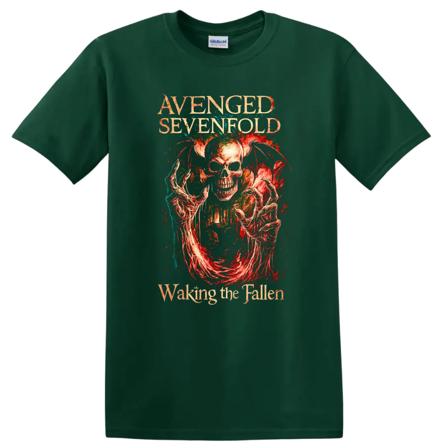 Avenged Sevenfold Retro Heavy Metal Skull Album Art T Shirt on a Forest Green T Shirt