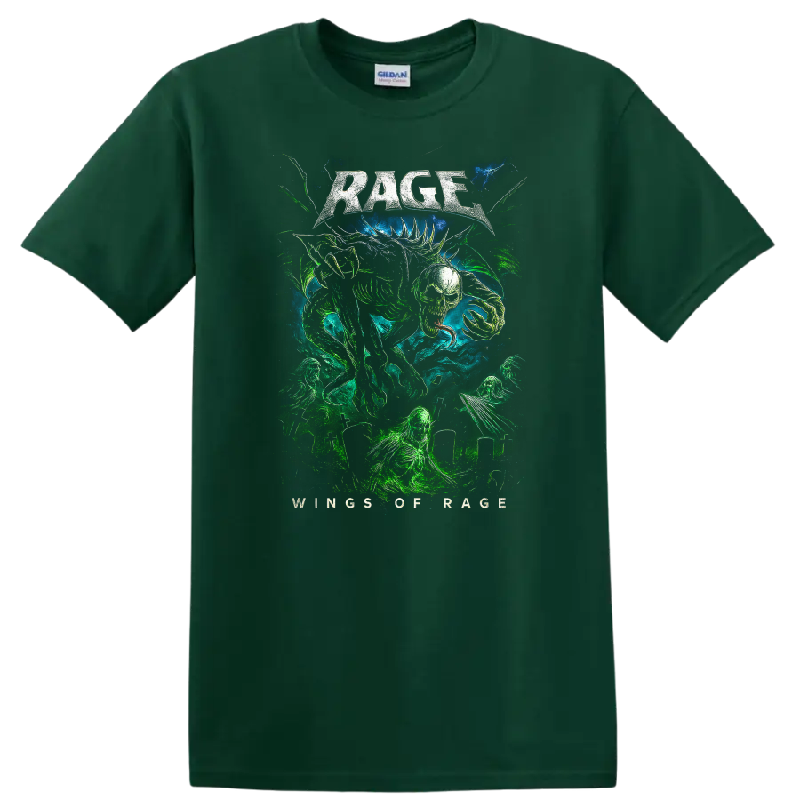 Rage Heavy Metal Album Cover Style Graphic T Shirt for Rock Fans - Forest Green