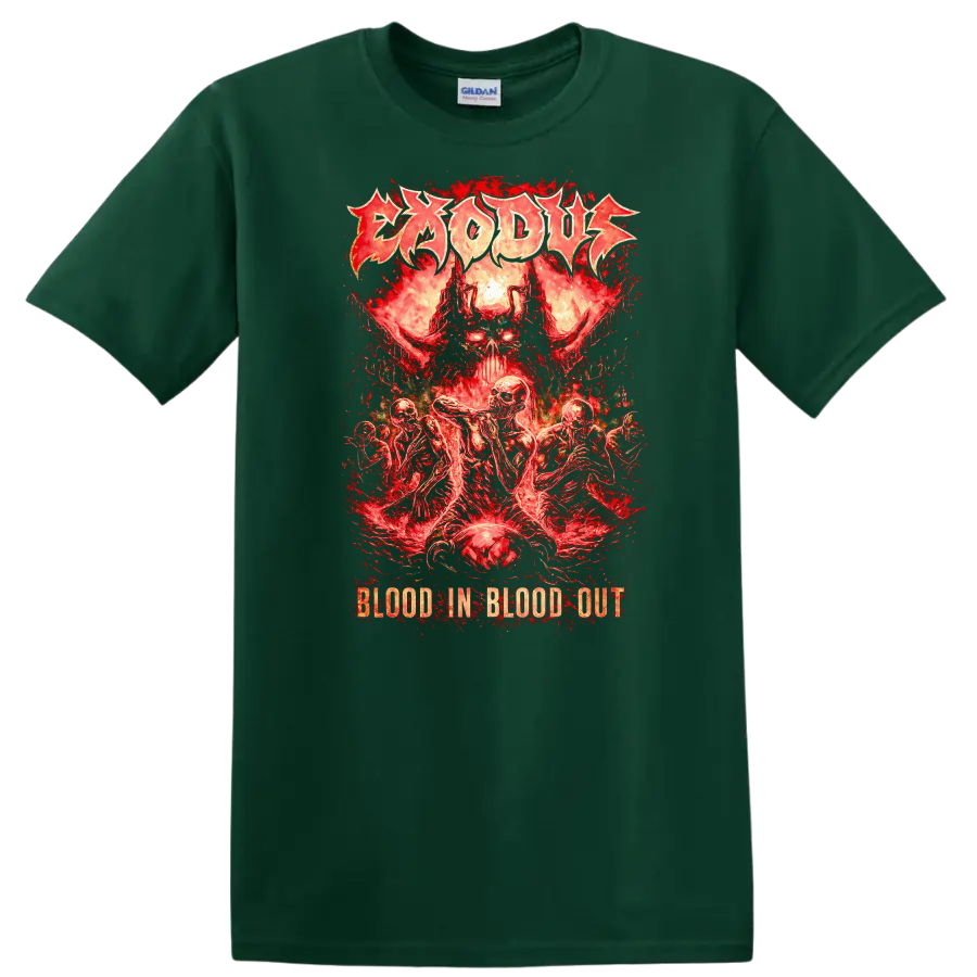 Blood In Blood Out Retro Heavy Metal Skull T Shirt - Forest Green