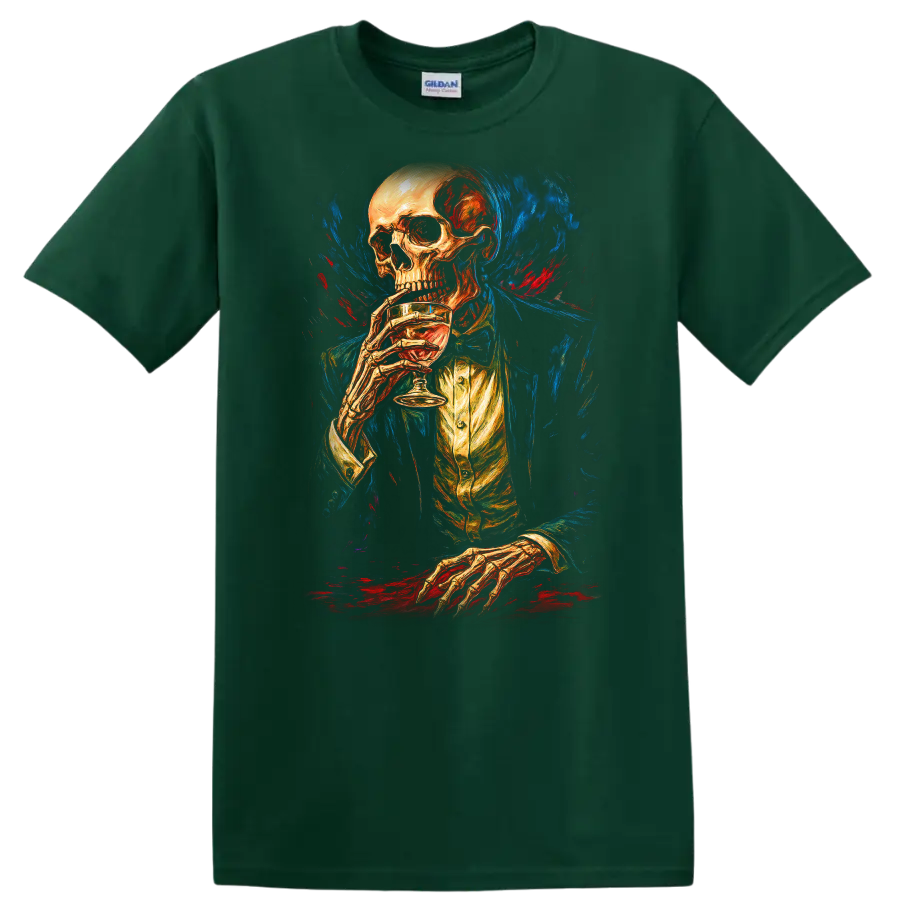 Vintage gothic skeleton in formal attire holding a drink amid blue and red painterly on a Forest Green T Shirt