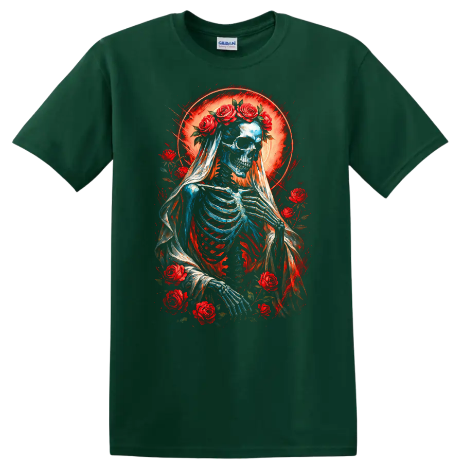 Vintage gothic skeleton bride in a veil with red roses and glowing red halo on a Forest Green T Shirt