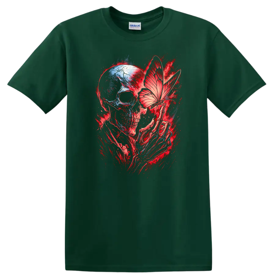 Gothic skull with skeletal hands holding a butterfly in red and blue dark art on a Forest Green T Shirt