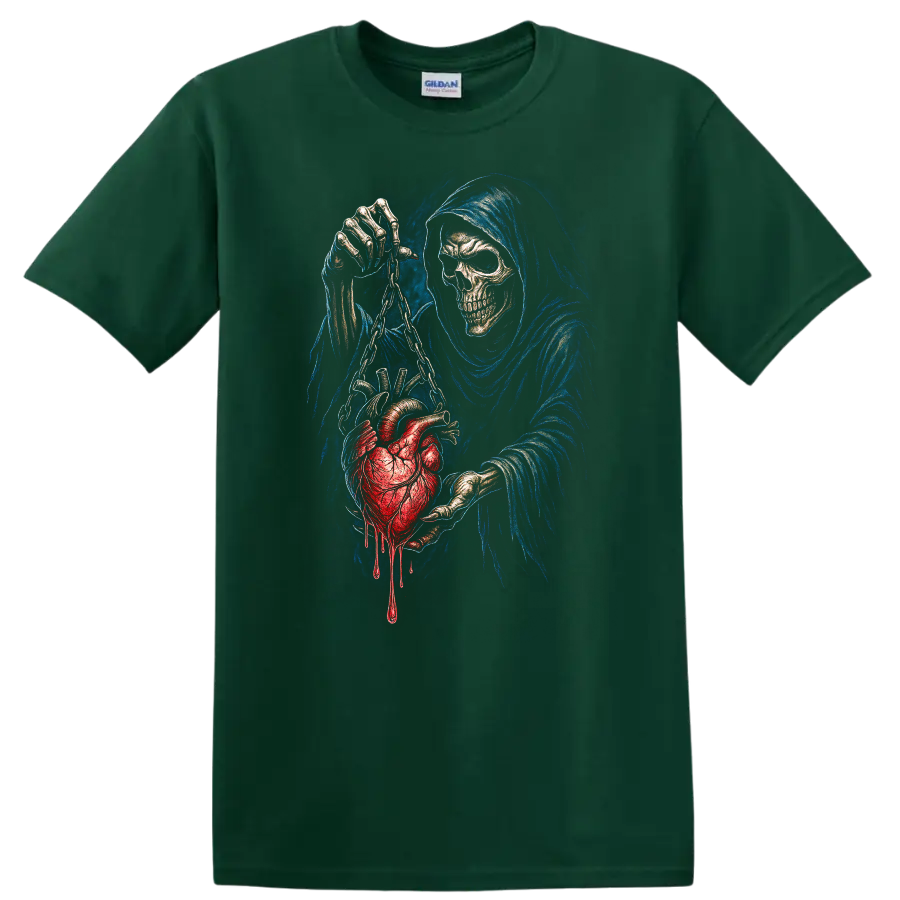 Grim Reaper skull holding a chained bleeding heart in detailed gothic horror art on a Forest Green T Shirt