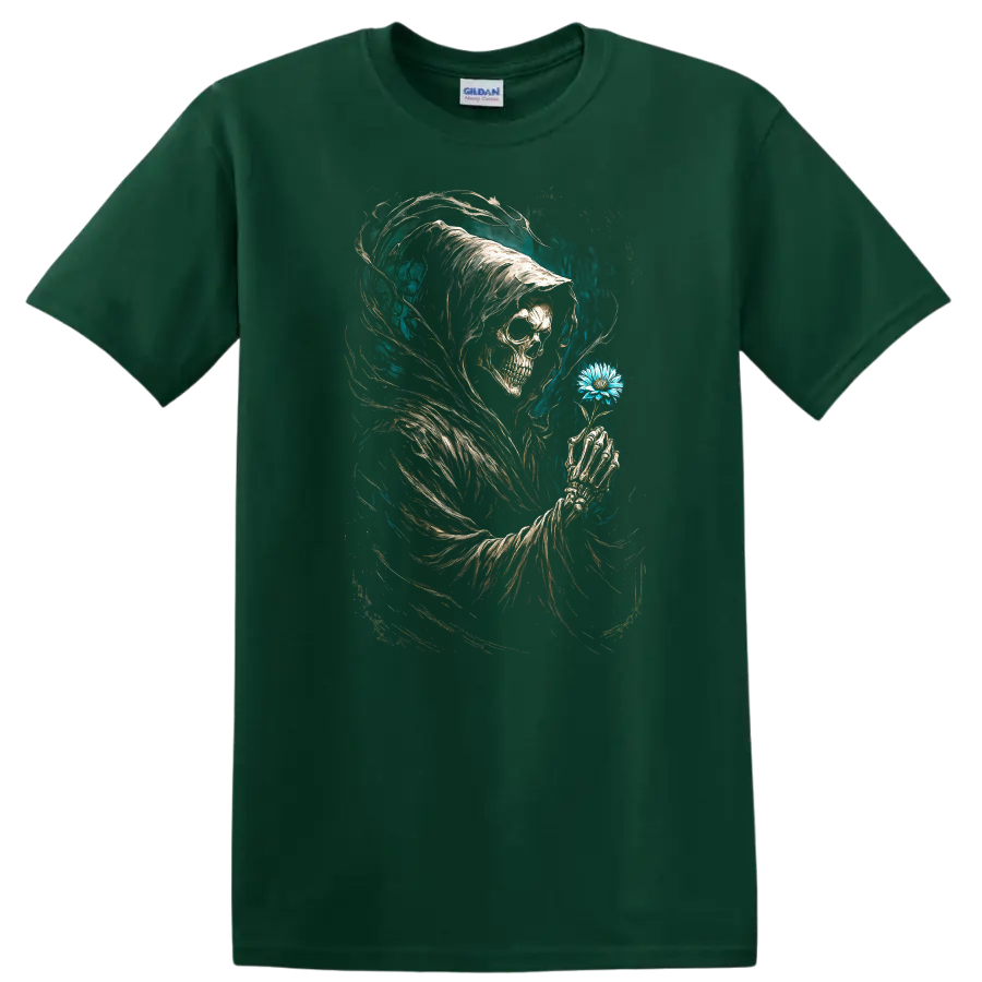 Hooded Grim Reaper skull holding blue flower in vintage gothic dark art on a Forest Green T Shirt