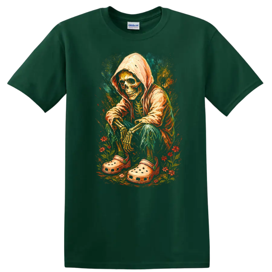 Vintage hooded skeleton in oversized clogs surrounded by colorful flowers on a Forest Green T Shirt