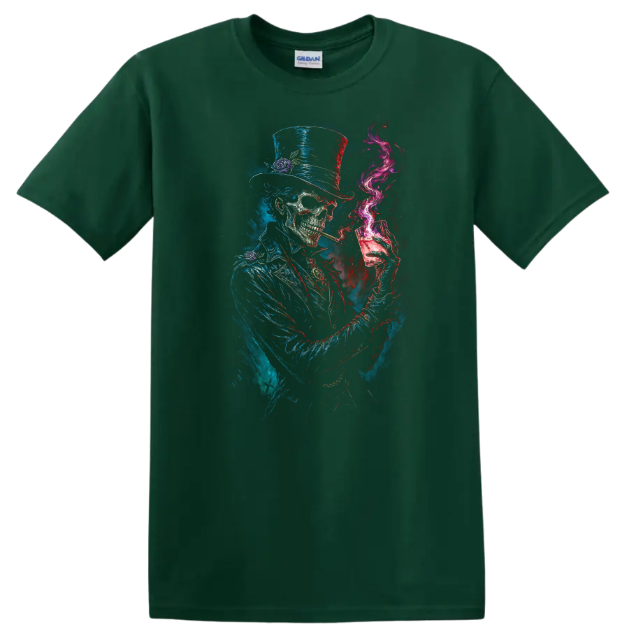 Gothic top-hat skeleton with cocktail glass, magenta smoke, and distressed skull art on a Forest Green T Shirt