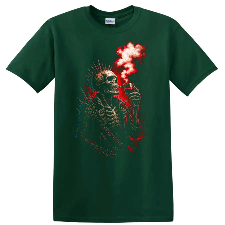 Spiked punk skeleton raising a cocktail amid red smoke in distressed gothic art on a Forest Green T Shirt