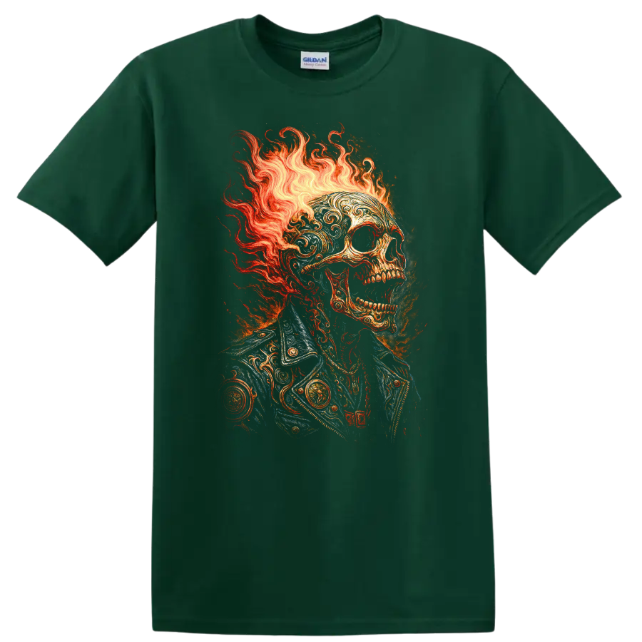 Flaming skull in ornate vintage jacket with gothic fire illustration on a Forest Green T Shirt