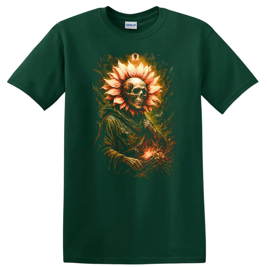 Gothic skeleton with flower-petal halo, fiery textures, and Omega symbol on a Forest Green T Shirt