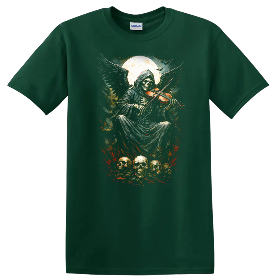 Vintage gothic Grim Reaper playing violin beneath moon with skulls and fiery accents on a Forest Green T Shirt