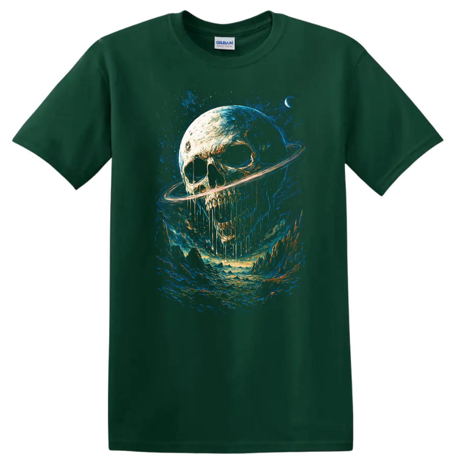 Gothic skull with Saturn-like ring in a vivid blue cosmic landscape on a Forest Green T Shirt