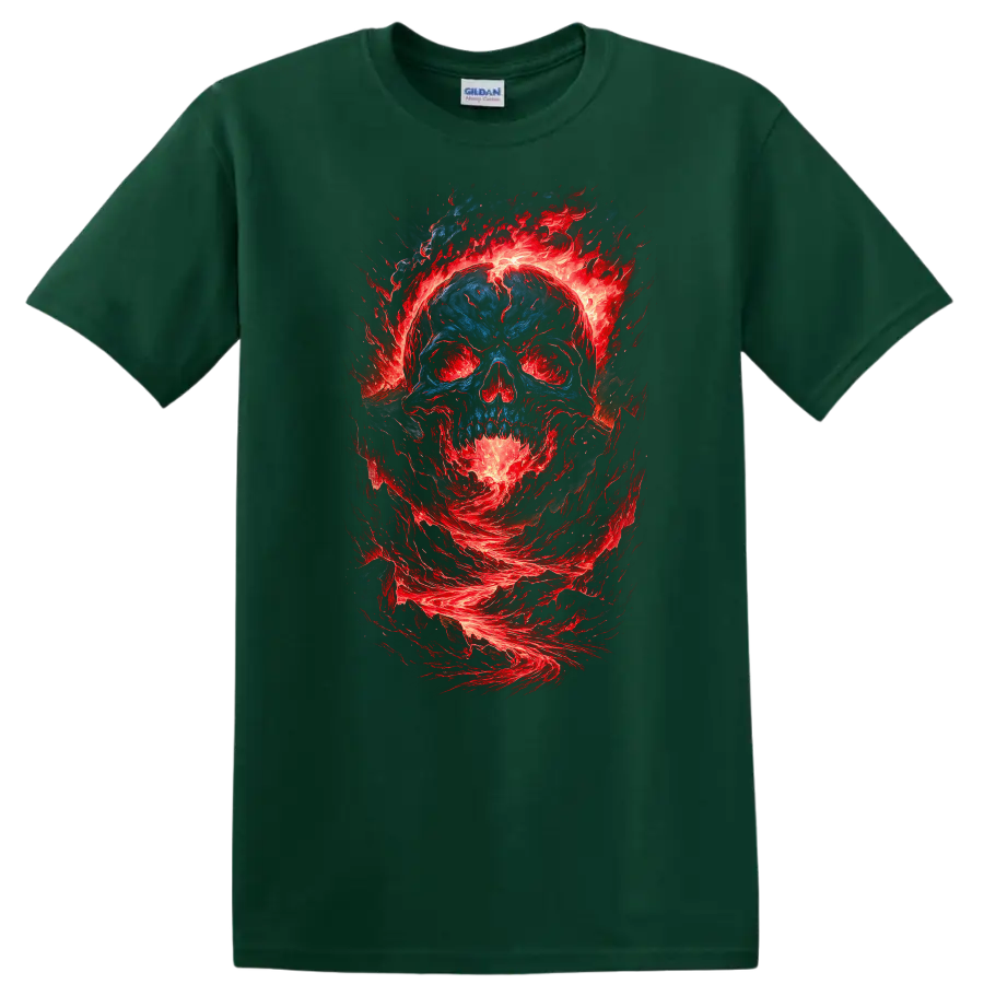 Distressed blue skull surrounded by swirling red flames in gothic horror art on a Forest Green T Shirt