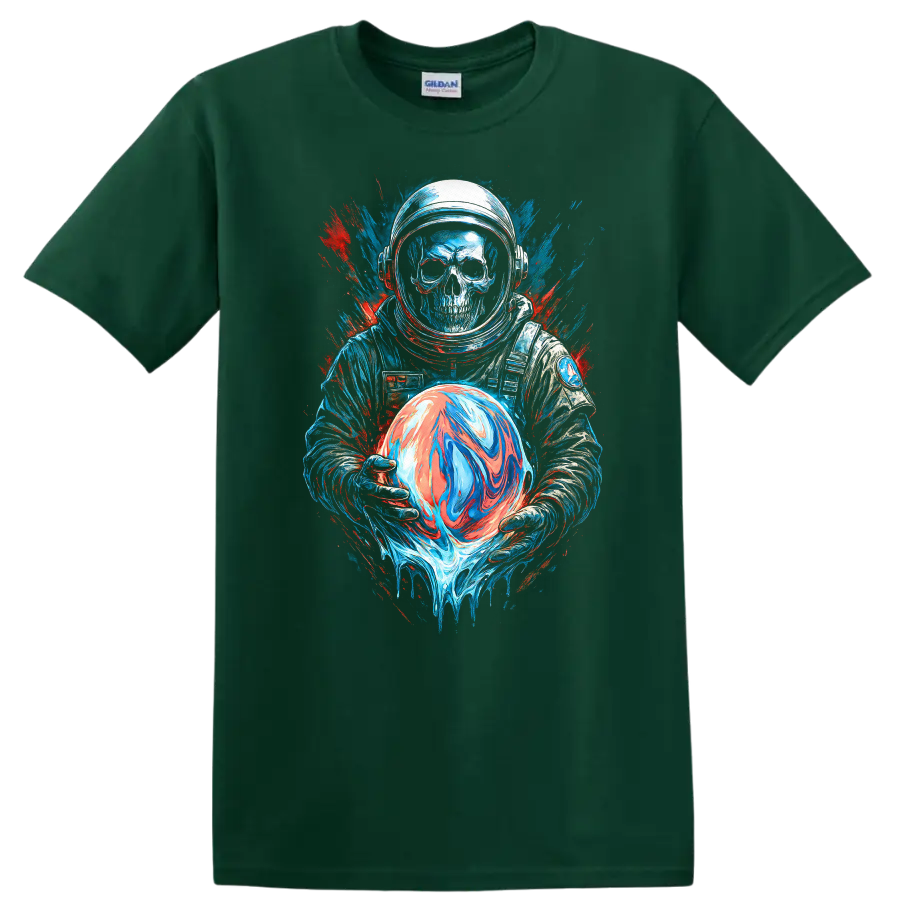 Gothic skull astronaut holding a swirling orb in neon space splatter art on a Forest Green T Shirt