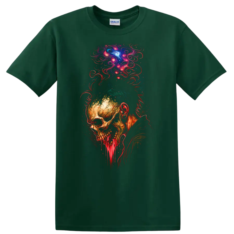 Decaying skull with dripping jaw and psychedelic cosmic smoke in gothic horror art on a Forest Green T Shirt