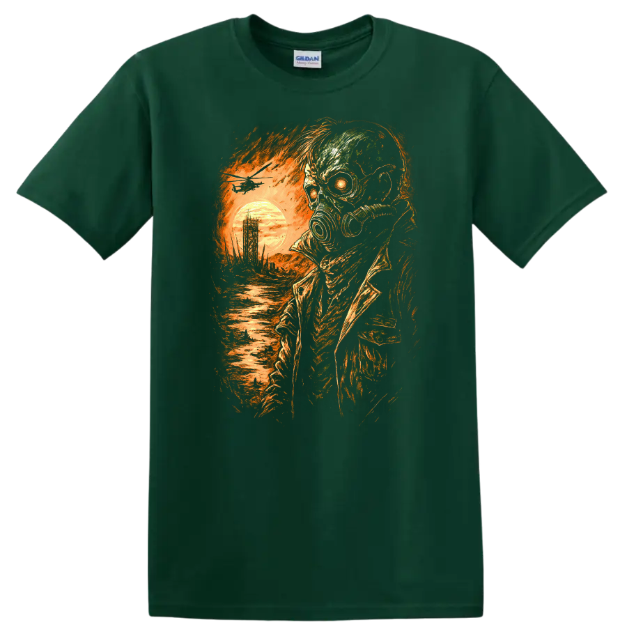 Distressed gothic gas mask skull survivor with fiery sunset and ruined landscape on a Forest Green T Shirt