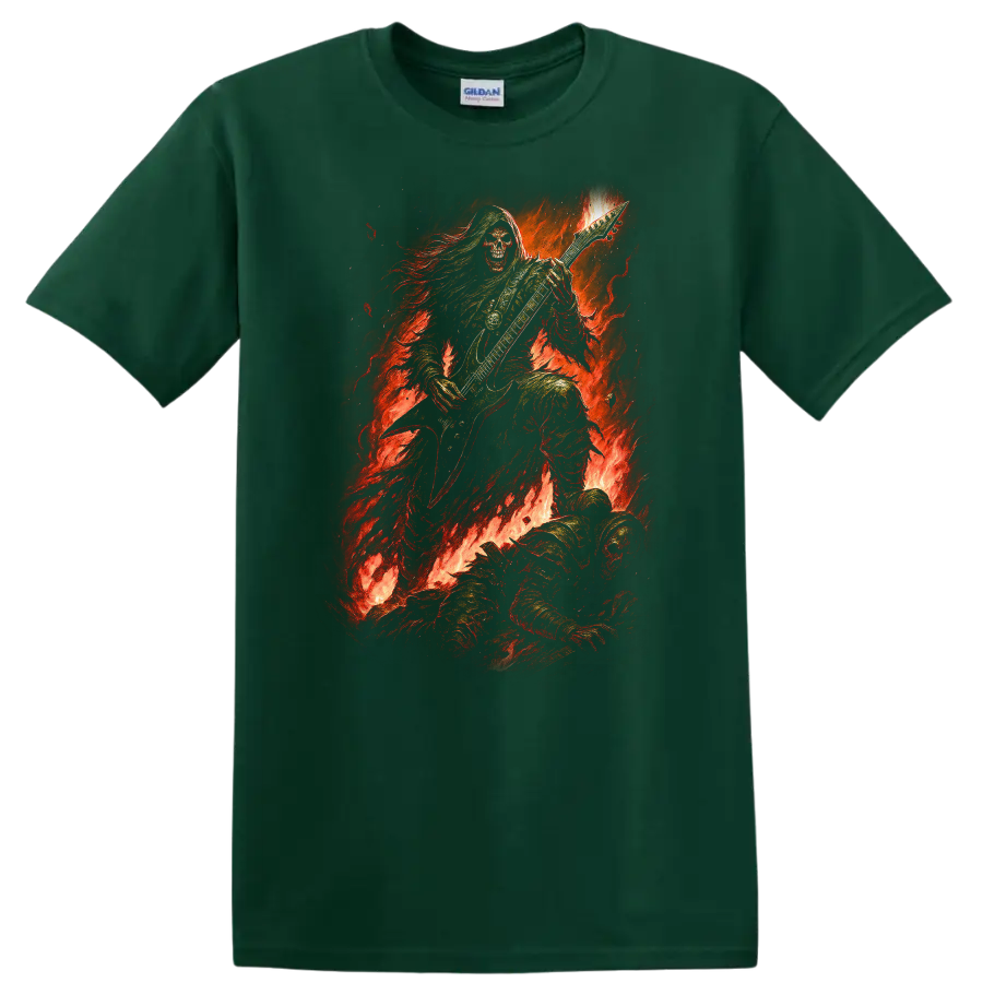 Hooded skeleton guitarist in flames, distressed vintage gothic rock artwork on a Forest Green T Shirt