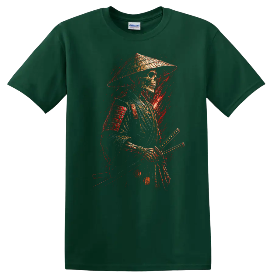 Vintage gothic samurai skeleton warrior in armor with conical hat and swords on a Forest Green T Shirt