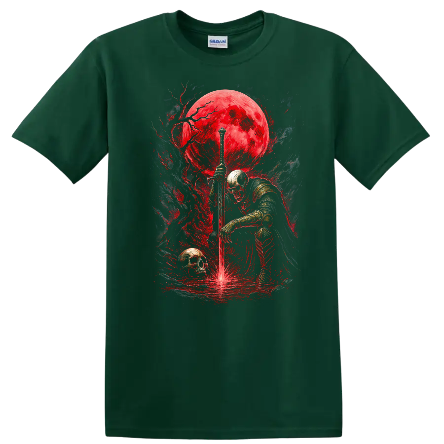 Armored skeletal knight with sword, skulls, and crimson moon in gothic fantasy art on a Forest Green T Shirt