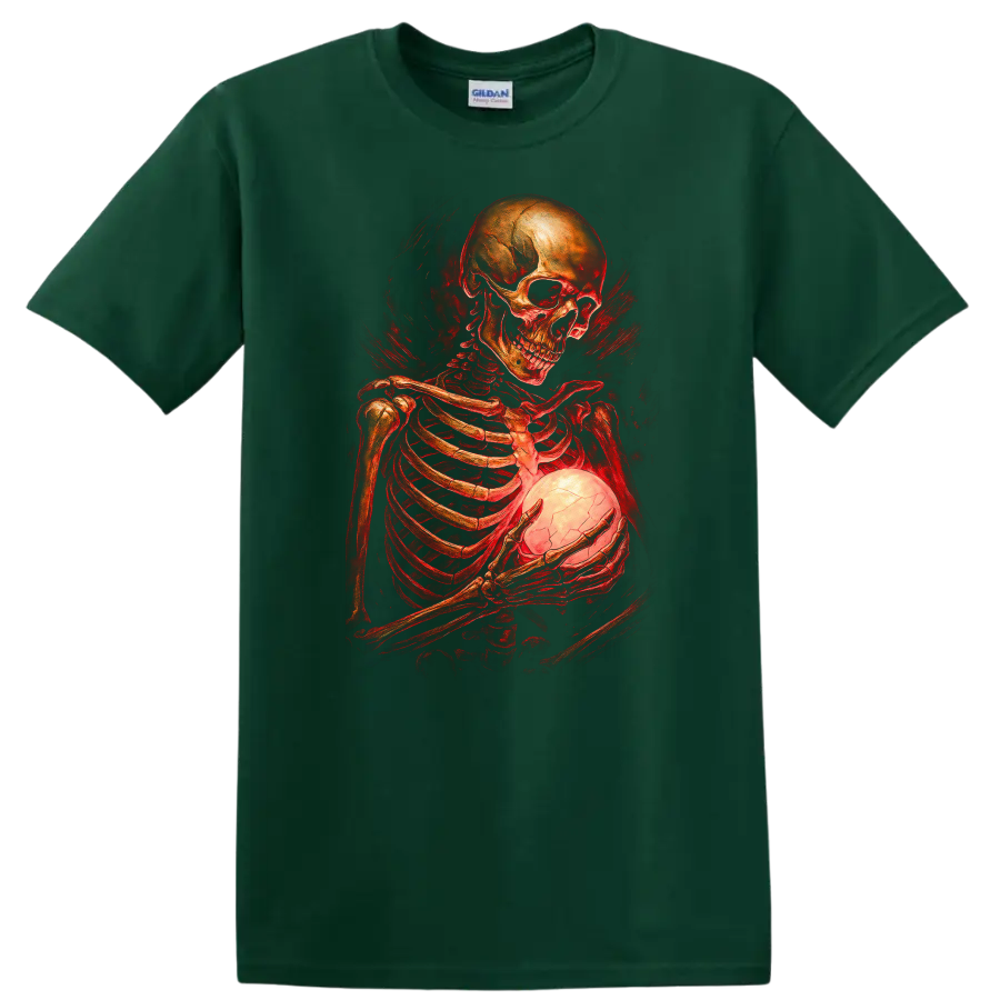 Gothic skeleton holding a glowing cracked orb in red vintage horror art on a Forest Green T Shirt