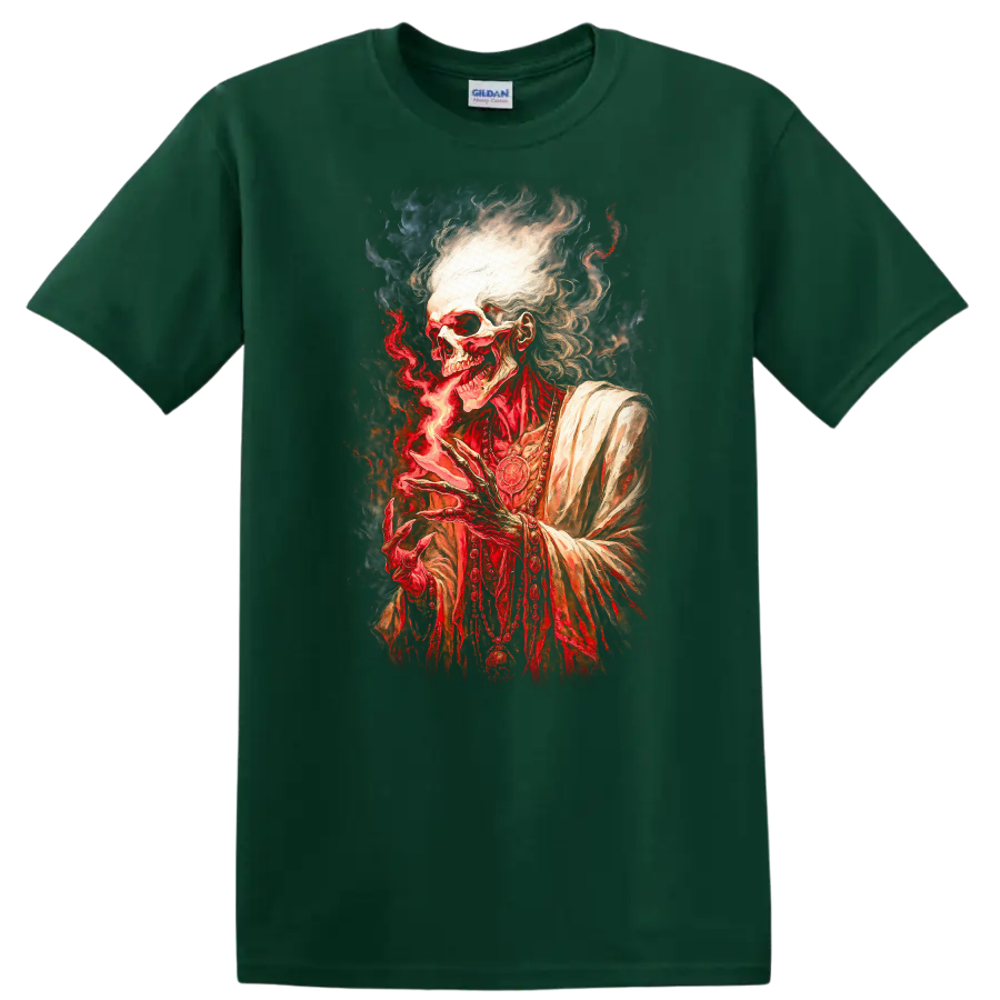 Gothic robed skeleton conjuring red flame in a detailed dark fantasy illustration on a Forest Green T Shirt