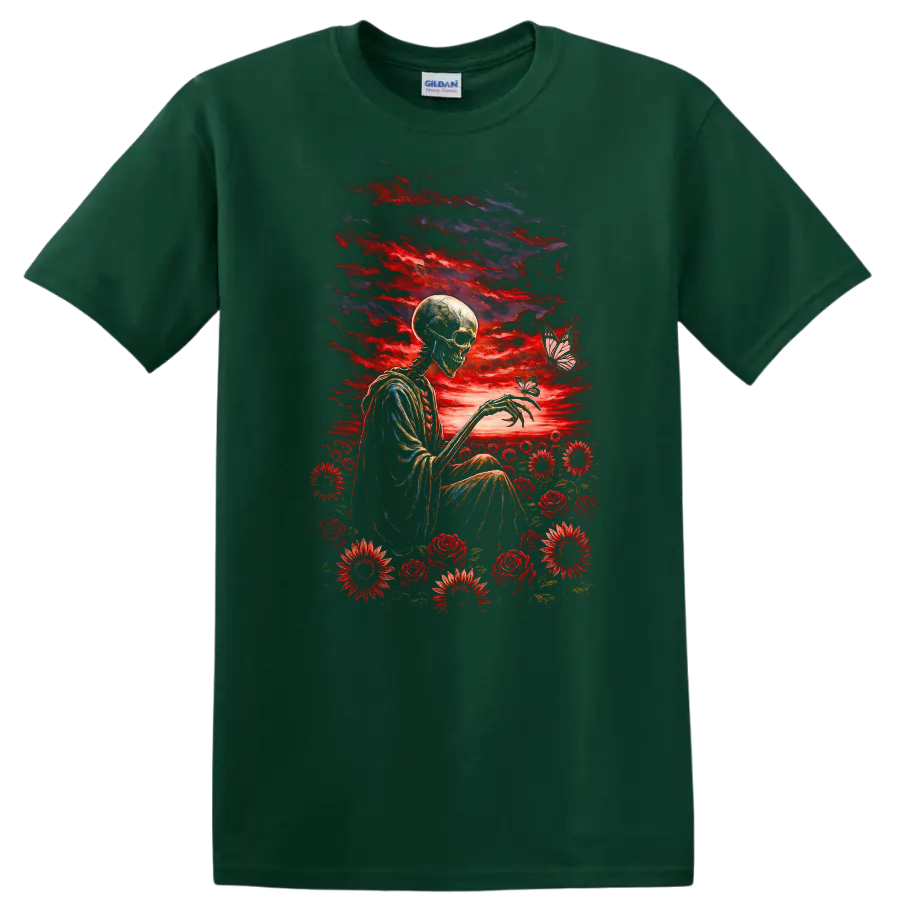 Vintage-style skeleton with red roses, flowers, butterflies, and a dramatic sky on a Forest Green T Shirt