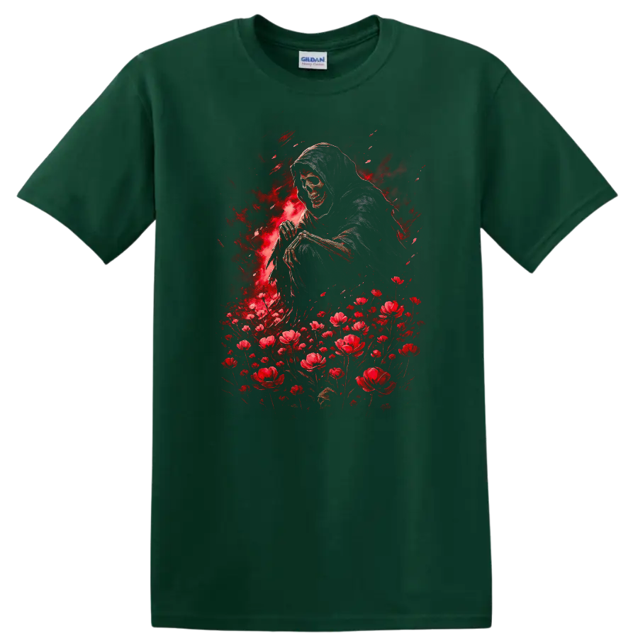 Hooded grim reaper skull with red flowers in distressed gothic illustration on a Forest Green T Shirt