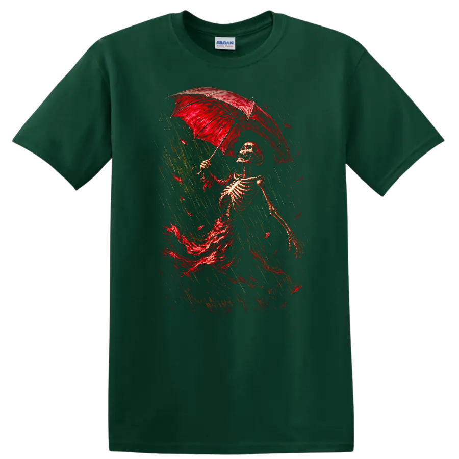 Vintage Gothic skeleton walking in rain beneath a red umbrella on a Forest Green T Shirt