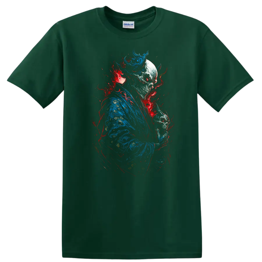 Crowned skeleton in blue robes holding a skull amid red and blue gothic splatter on a Forest Green T Shirt