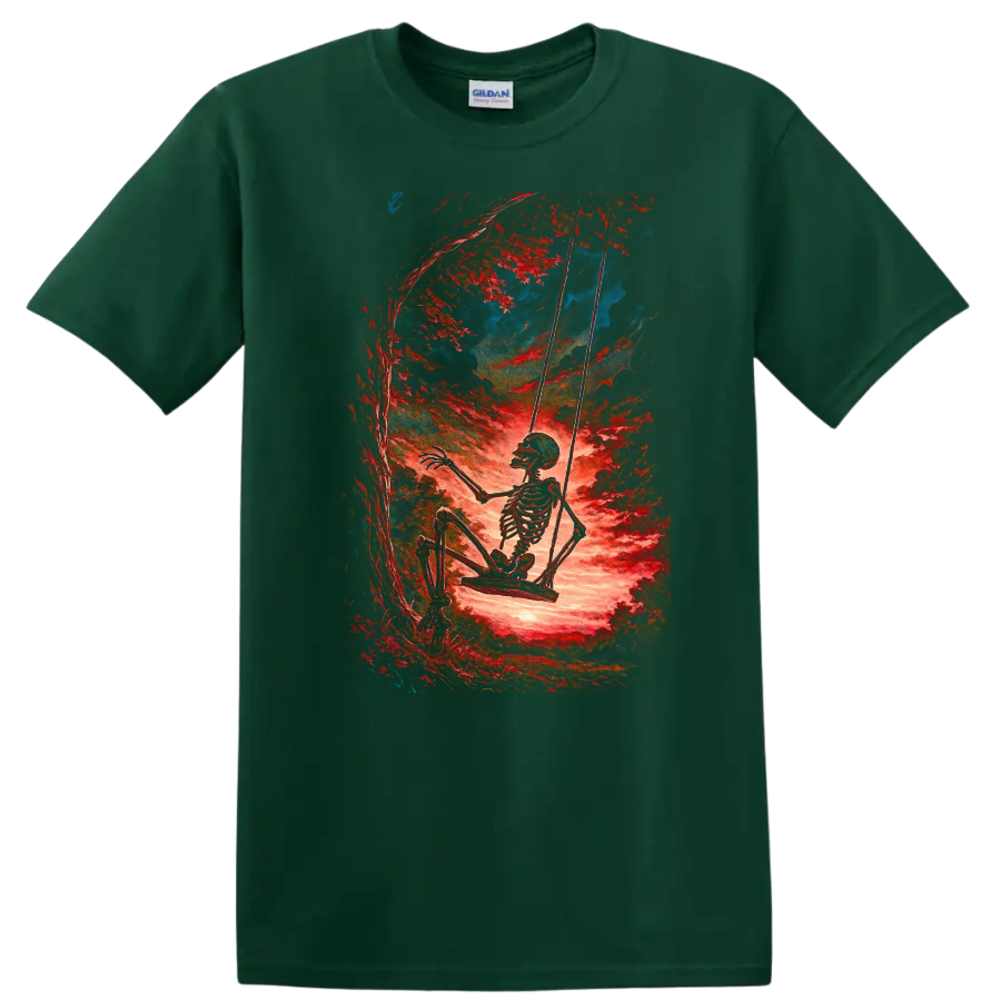 Vintage skeleton swinging beneath red trees in surreal gothic forest art on a Forest Green T Shirt
