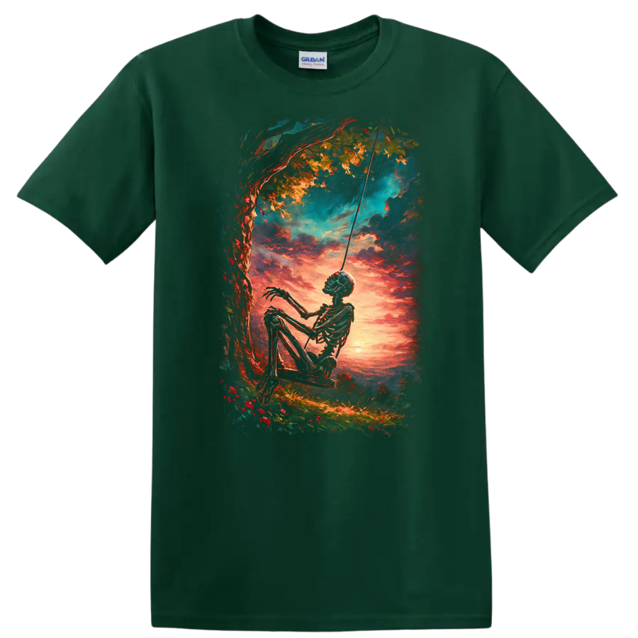 Vintage gothic skeleton on a swing beneath a tree at a vivid sunset on a Forest Green T Shirt