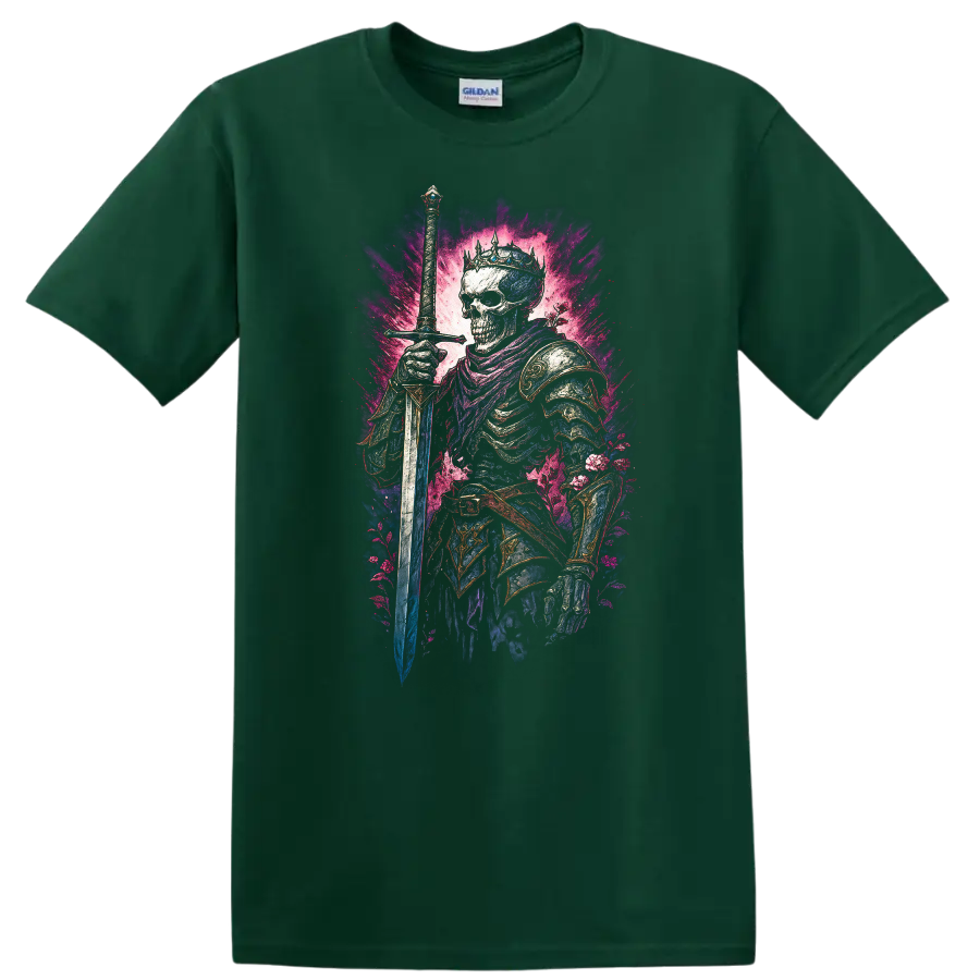 Crowned skeleton warrior with sword, ornate armor, and vivid floral gothic artwork on a Forest Green T Shirt