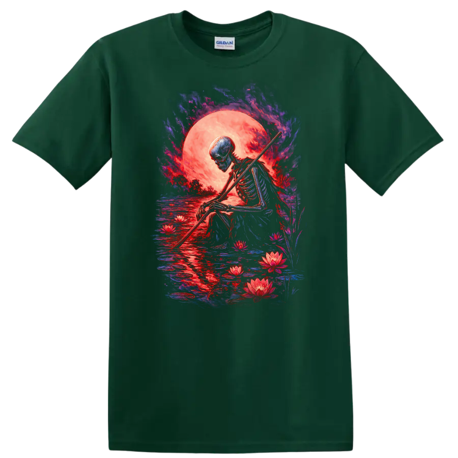 Moonlit skeleton with staff, lotus flowers, reflective water, and gothic full moon art on a Forest Green T Shirt