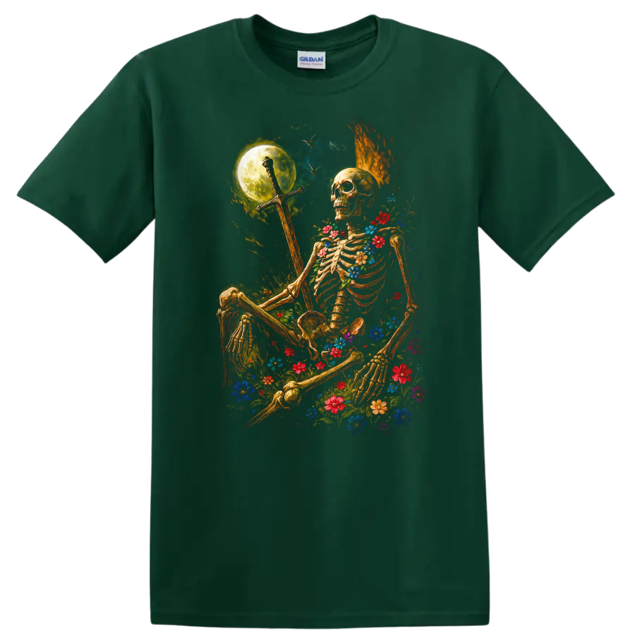 Moonlit floral skeleton holding a sword in a gothic flower-filled night scene on a Forest Green T Shirt