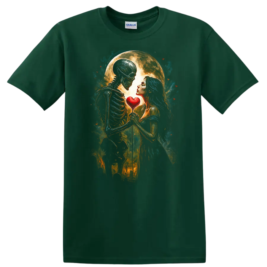 Romantic skeleton and woman holding a heart beneath a full moon in gothic art on a Forest Green T Shirt