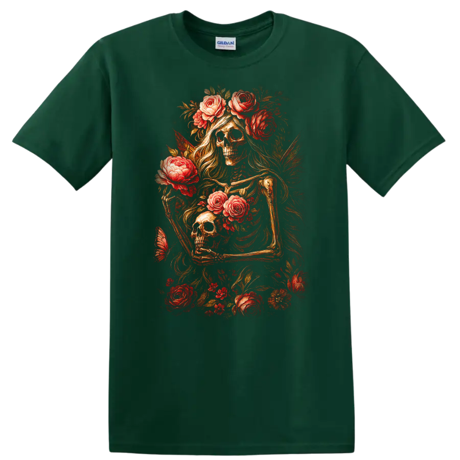 Vintage gothic skeletal figures and skulls surrounded by red roses and foliage on a Forest Green T Shirt