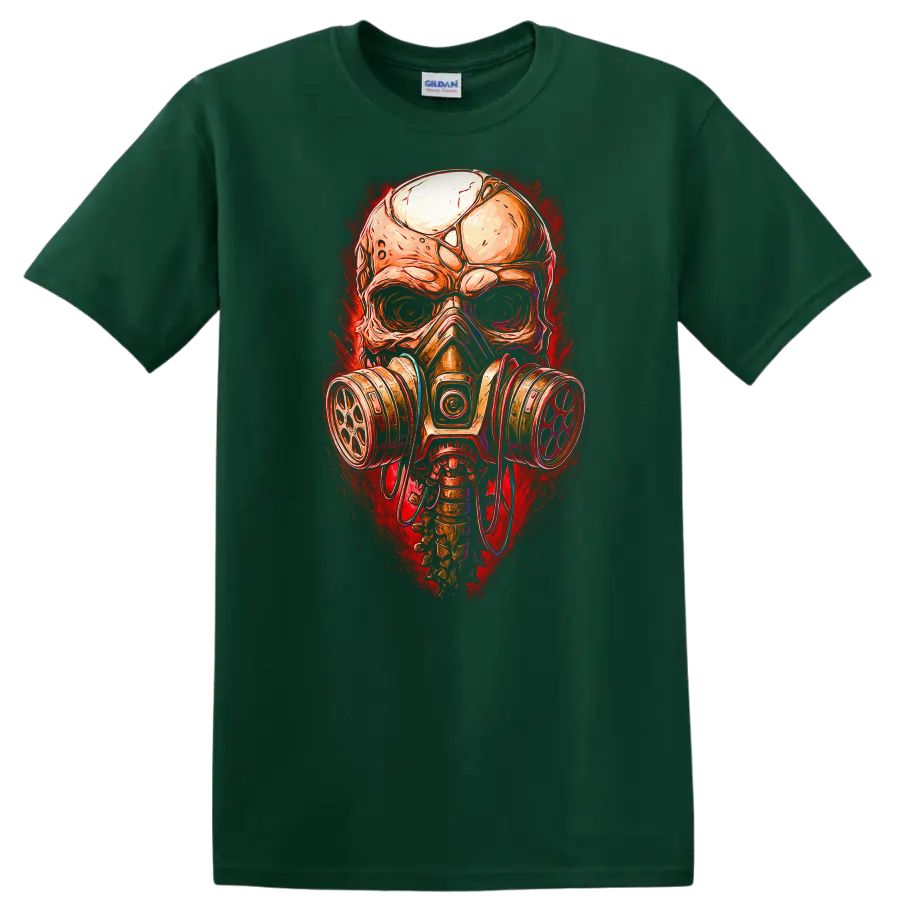 Gothic illustrated skull wearing a gas mask with distressed red horror-art backdrop on a Forest Green T Shirt