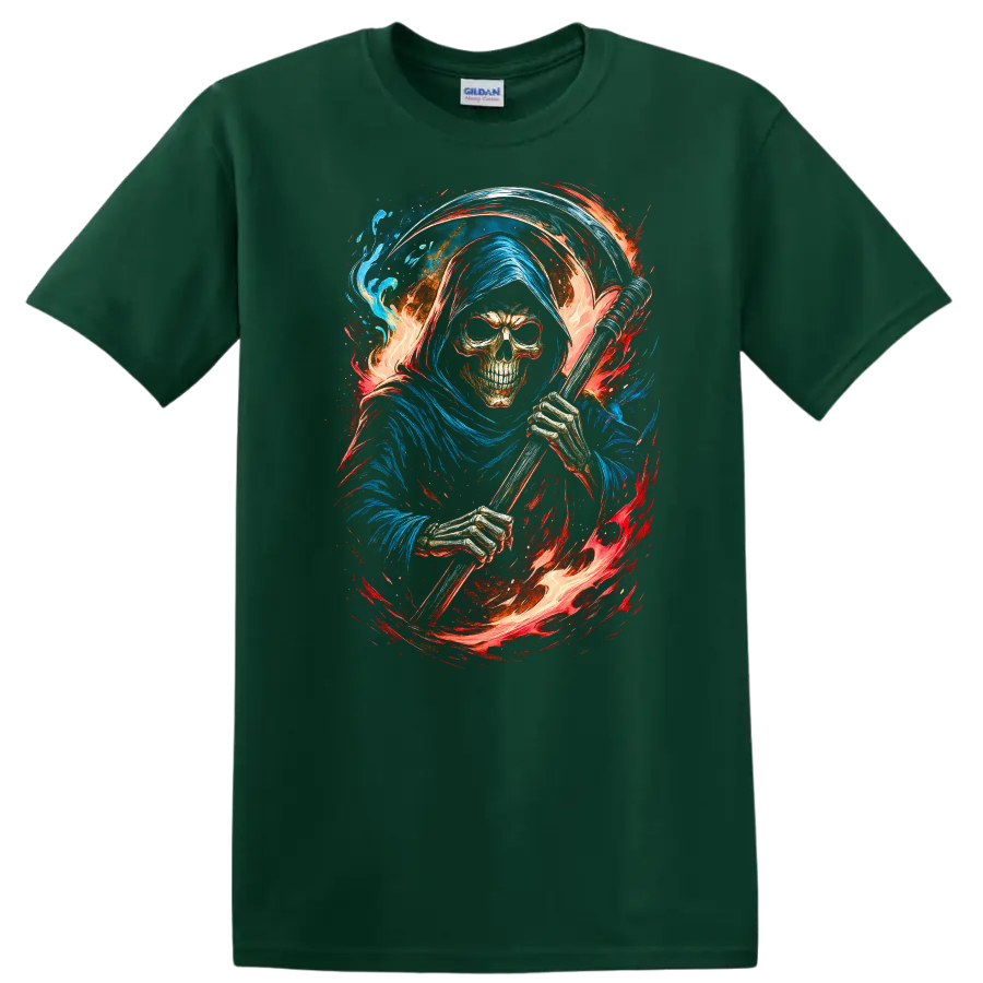 Hooded Grim Reaper skeleton with scythe, swirling flames, and blue gothic artwork on a Forest Green T Shirt