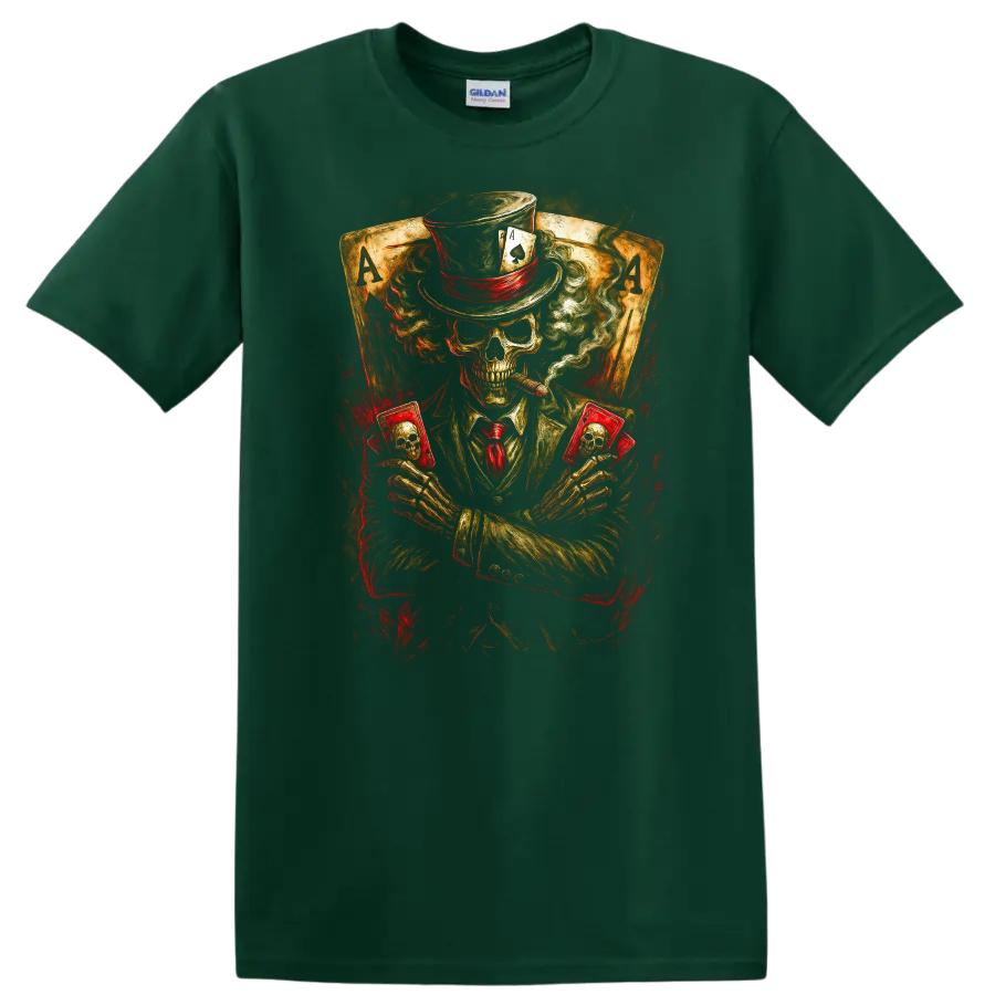 Vintage gothic skeleton poker player in top hat holding skull cards before ace cards on a Forest Green T Shirt