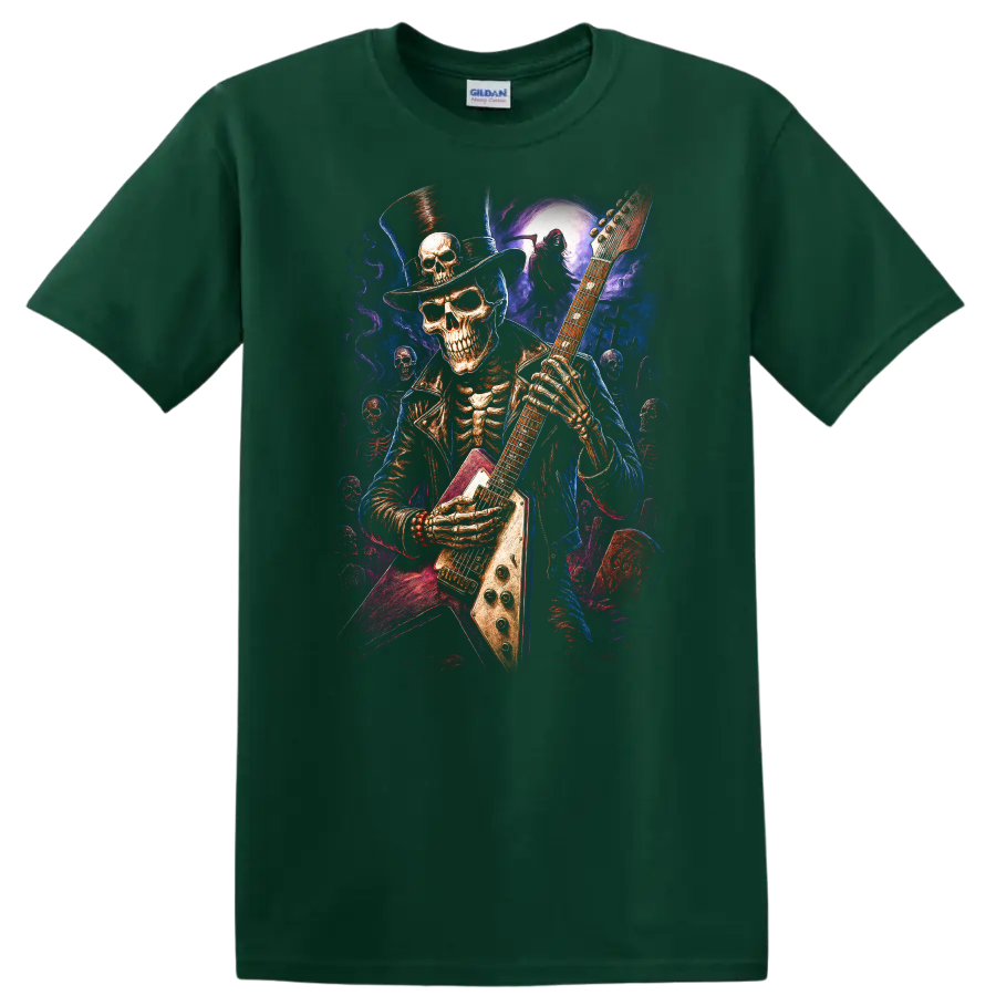 Top-hatted skeleton guitarist in vivid gothic moonlit graveyard art on a Forest Green T Shirt
