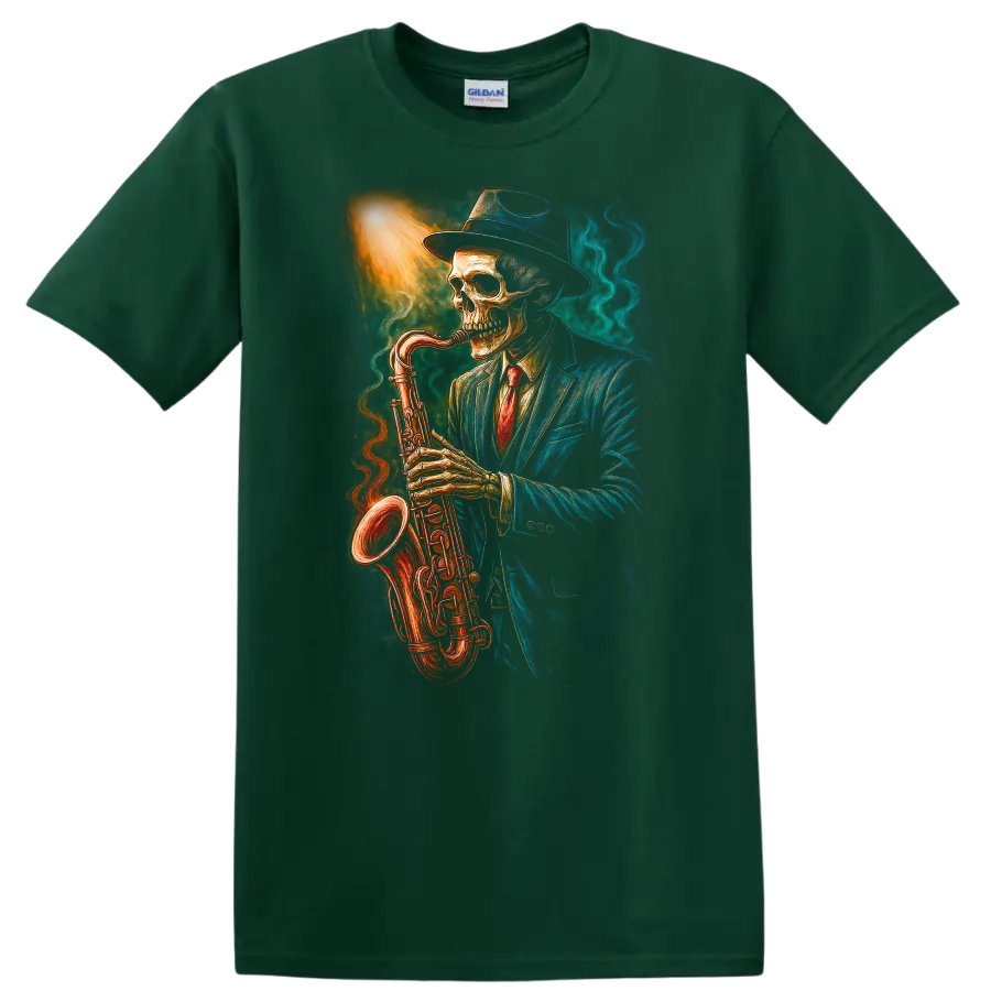 Vintage gothic skeleton in a suit and hat playing a glowing saxophone on a Forest Green T Shirt