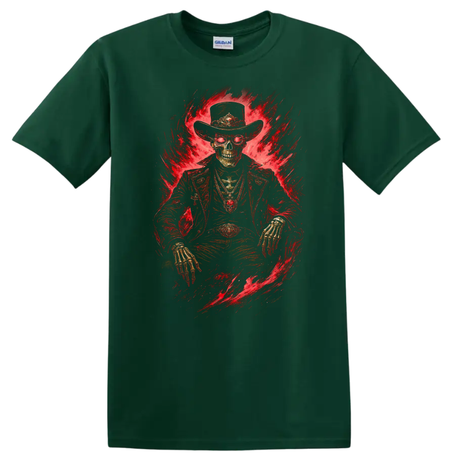 Skeleton cowboy in a wide-brim hat with fiery red gothic horror artwork on a Forest Green T Shirt