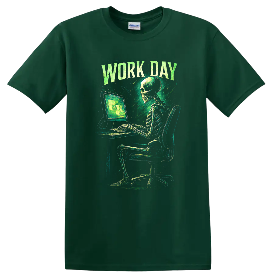 Work Day skeleton at computer in distressed vintage gothic green graphic on a Forest Green T Shirt
