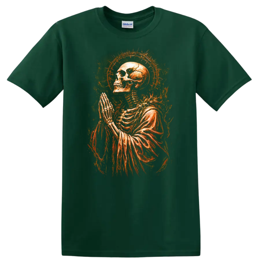 Praying skeleton skull with fiery halo in vintage gothic dark-art style on a Forest Green T Shirt