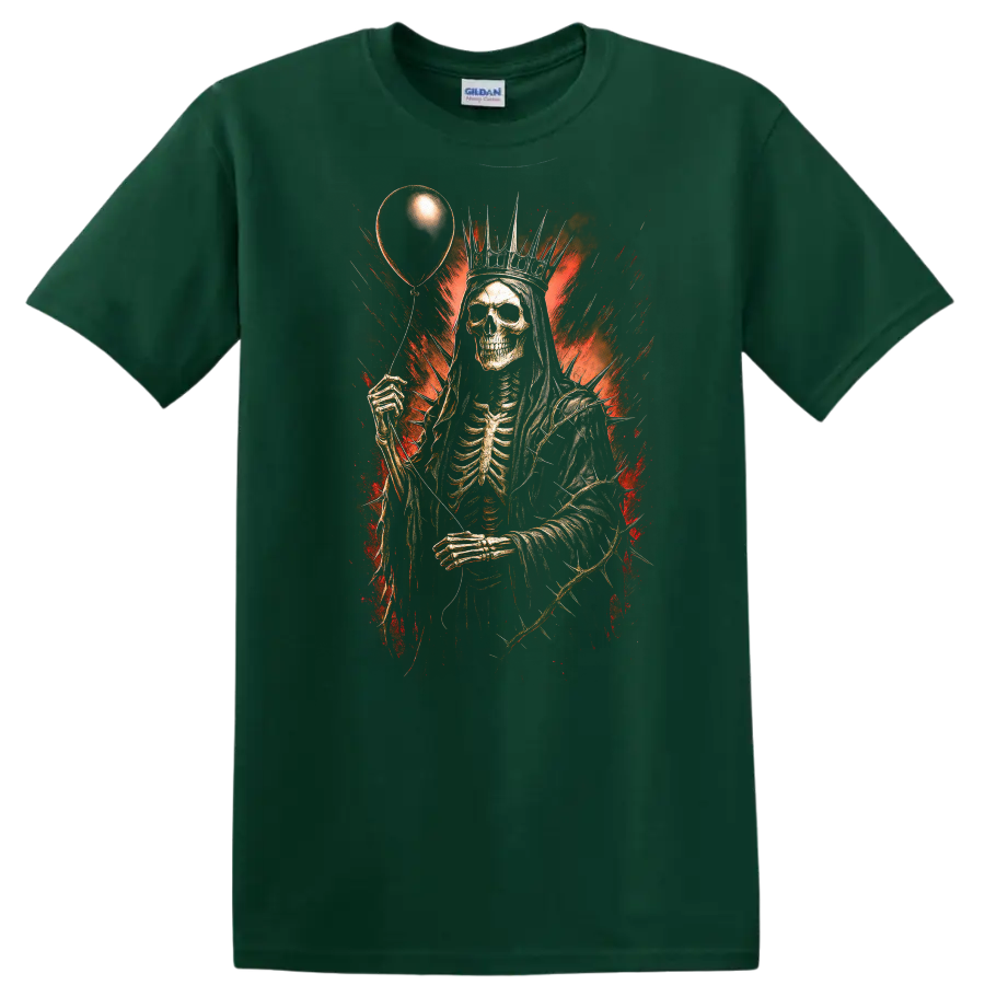Crowned skeleton holding a balloon in distressed red and black gothic horror art on a Forest Green T Shirt