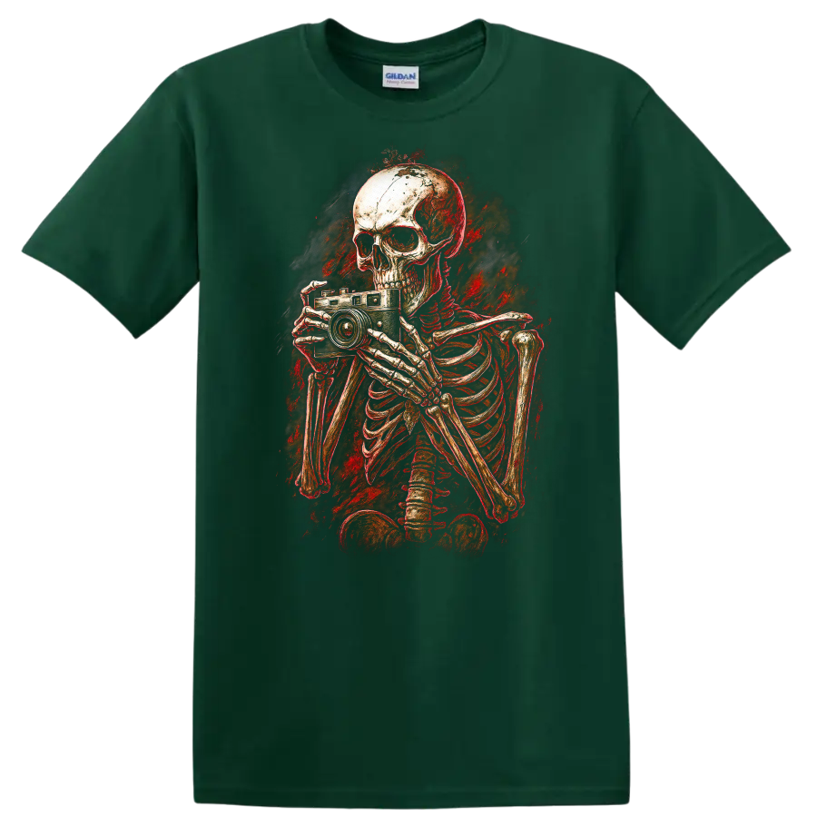 Distressed gothic skeleton photographer holding a vintage camera horror art graphic on a Forest Green T Shirt