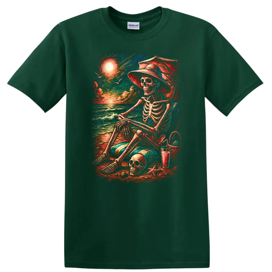 Vintage-style skeleton in beach chair with skull, ocean waves, hat, and sunset on a Forest Green T Shirt