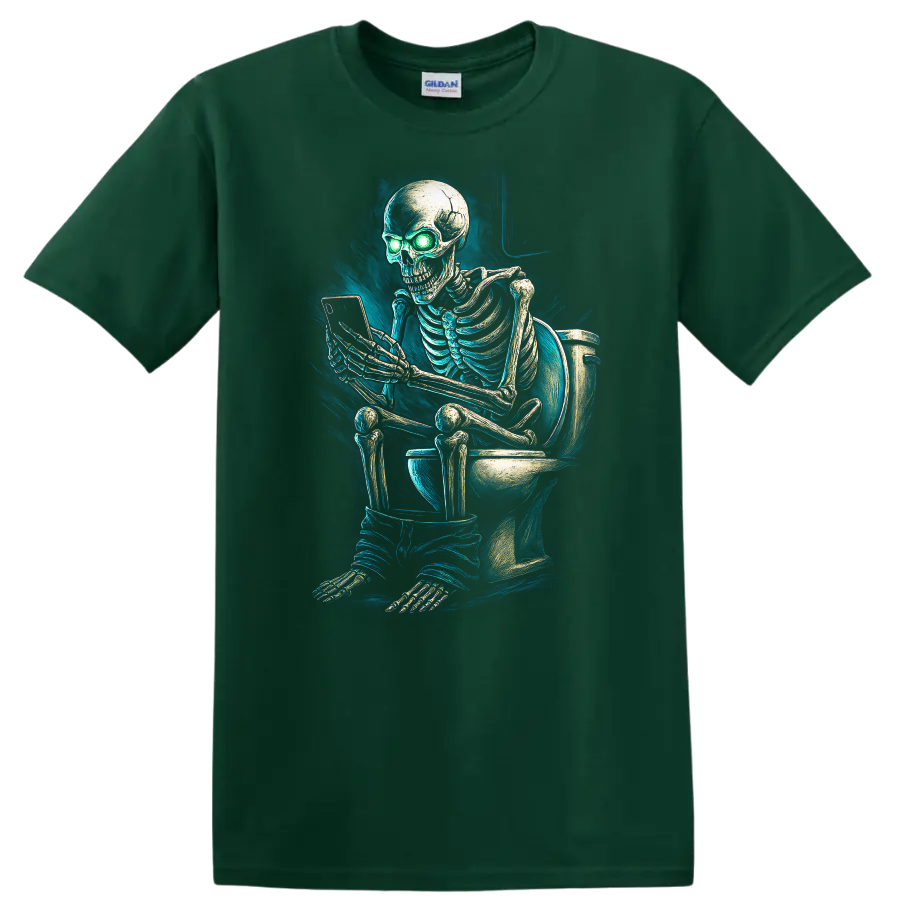 Vintage gothic skeleton on toilet using phone with glowing green eyes on a Forest Green T Shirt