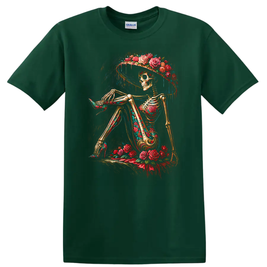 Vintage gothic skeleton in a wide-brim hat surrounded by red roses on a Forest Green T Shirt