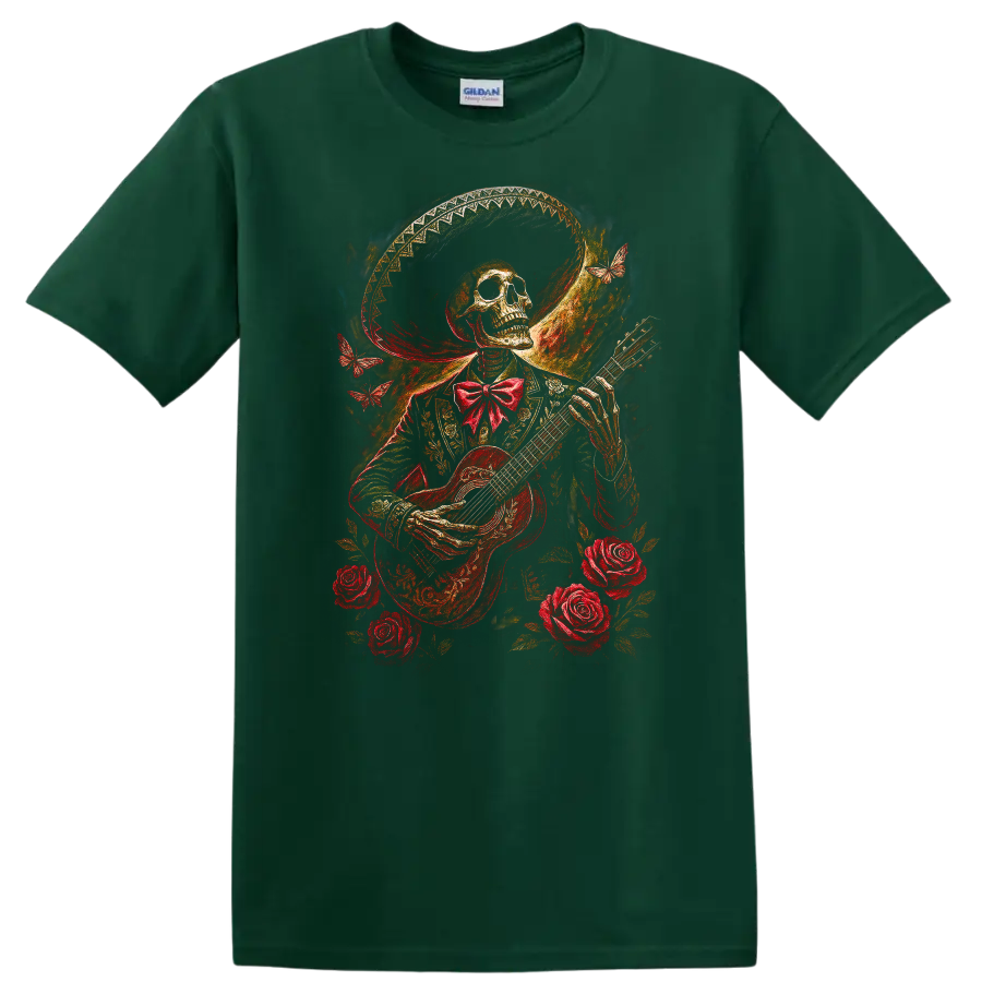 Vintage gothic skeleton guitarist with roses, butterflies, and ornate wide-brimmed hat on a Forest Green T Shirt