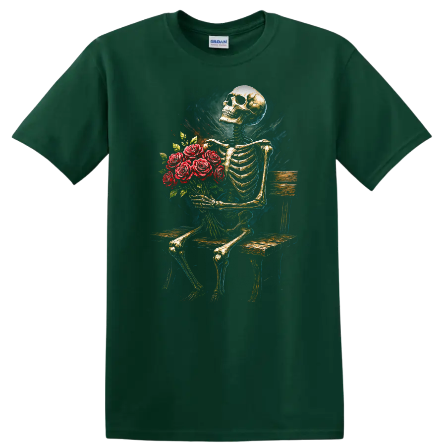 Vintage gothic skeleton holding a bouquet of red roses while seated on a wooden bench on a Forest Green T Shirt